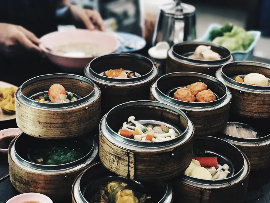 Dim sum in bamboo steamer baskets