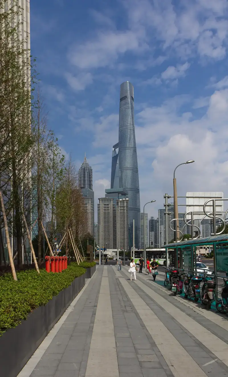 Shanghai Tower seen from a street in Lujiazui