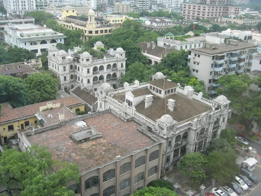 Old European villas on Shamian Island seen from above